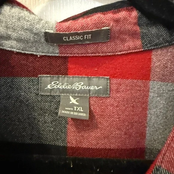 Eddie Bauer Mens TXL Plaid Flannel Long Sleeve‎ Button Down Shirt Red Black Gray - Picture 4 of 12
